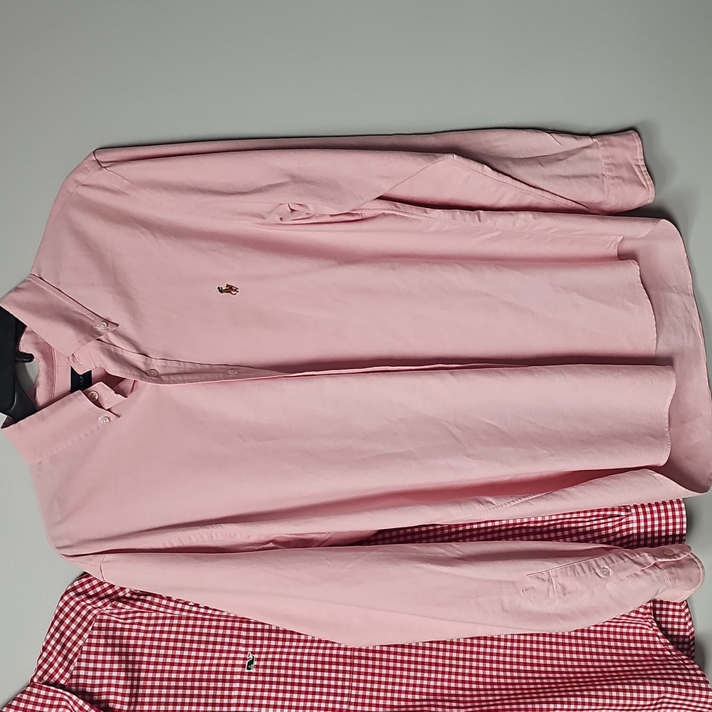 Vineyard Vines Men's Medium Red Check Plaid & Ralph Lauren Peach Button Down - Picture 9 of 16